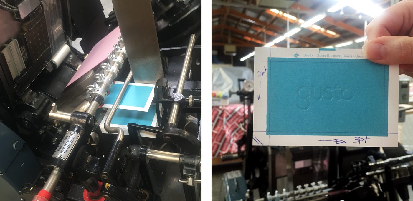 Gusto business card debossing and foiling