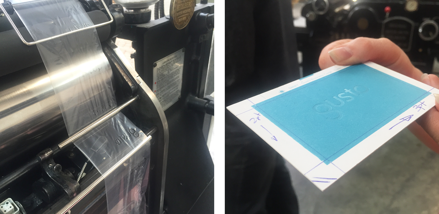 Gusto business card debossing and foiling