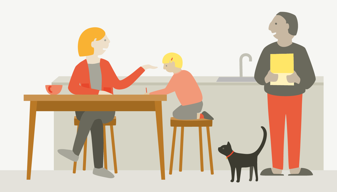 Illustration from the WREMO Earthquake Planning Guide showing family chatting in kitchen