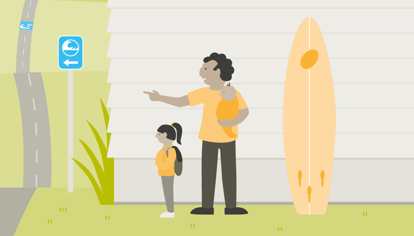 Illustration from the WREMO Earthquake Planning Guide with father showing daughter tsunami evacuation route