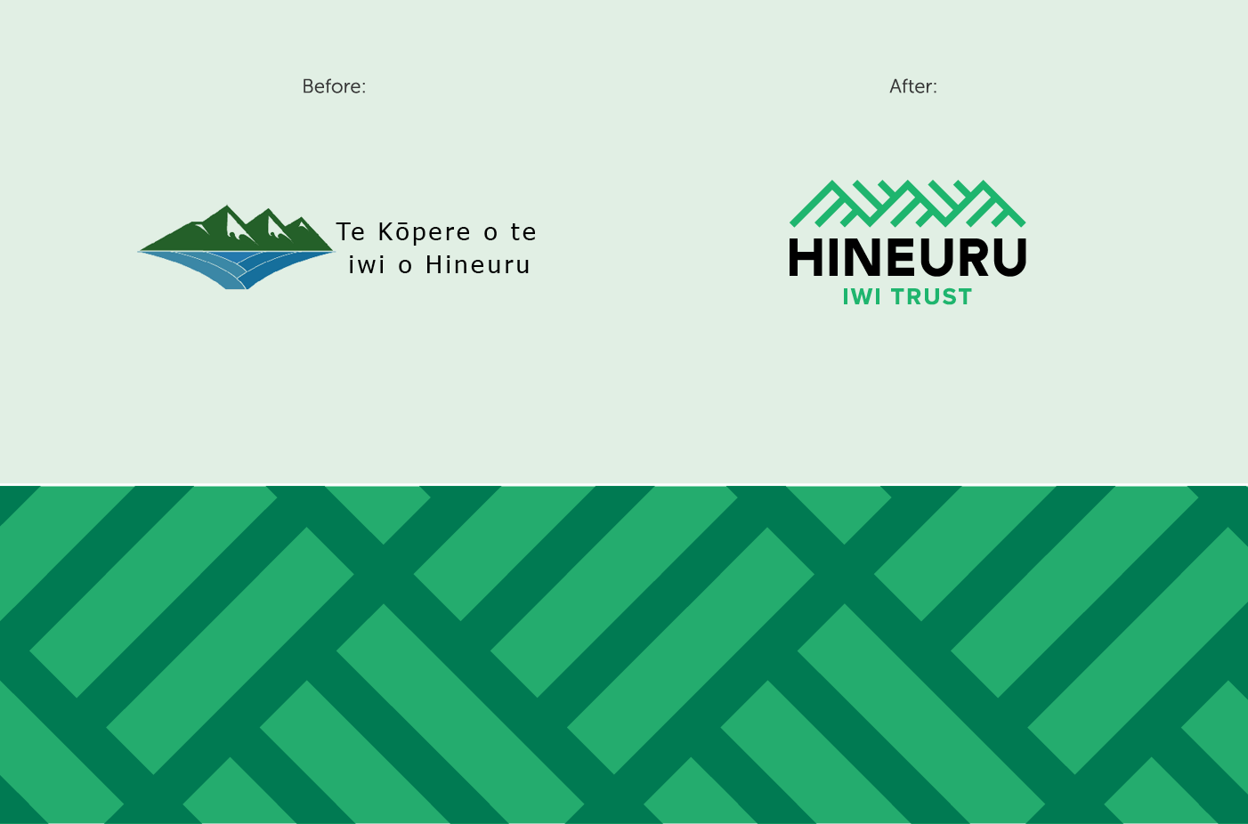 Old Hineuru Iwi Trust logo and logo after refresh and pattern detail from logo