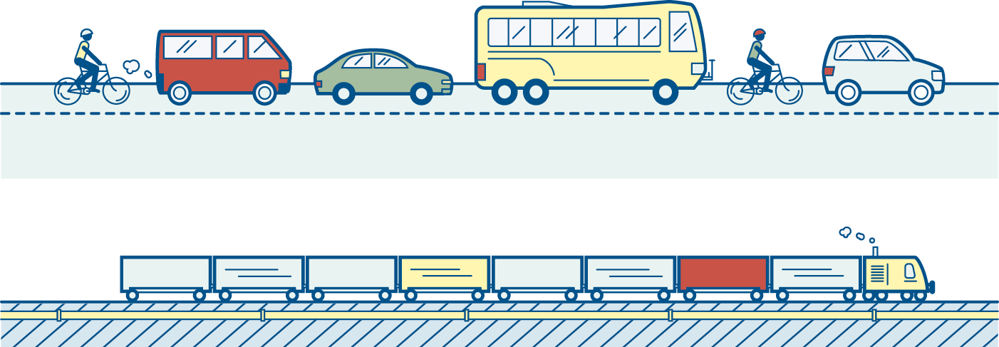 Illustration of transport including bikes, van, car, bus and train