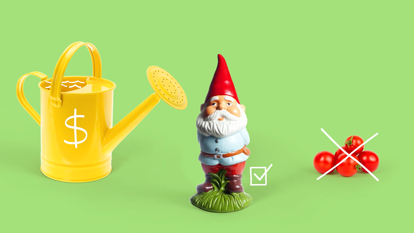 Watering can with dollar sign drawn over top, garden gnome with tick mark next to it and pile of tomatoes with a cross drawn over the top