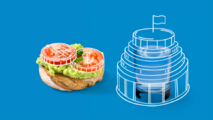 Sandwich and glass of water with coins drawn over sandwich and the beehive drawn over the glass of water