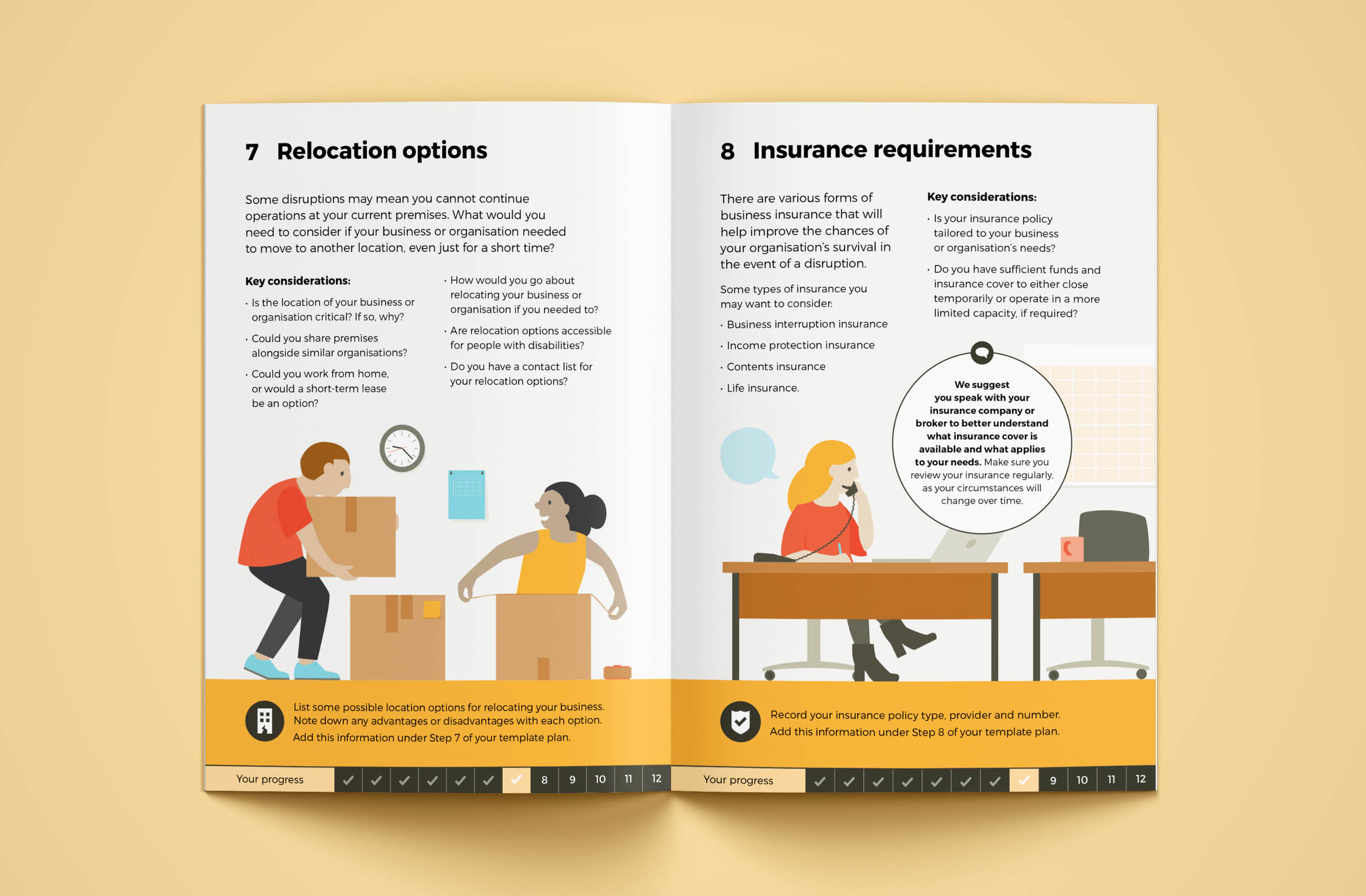 Spread from the Business Continuity Planning booklet showing people packing up boxes