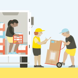 People unloading delivery from the back of a truck