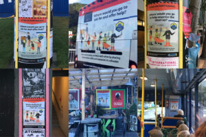 Posters and bus back from the WREMO Community Emergency Hubs campaign all over town