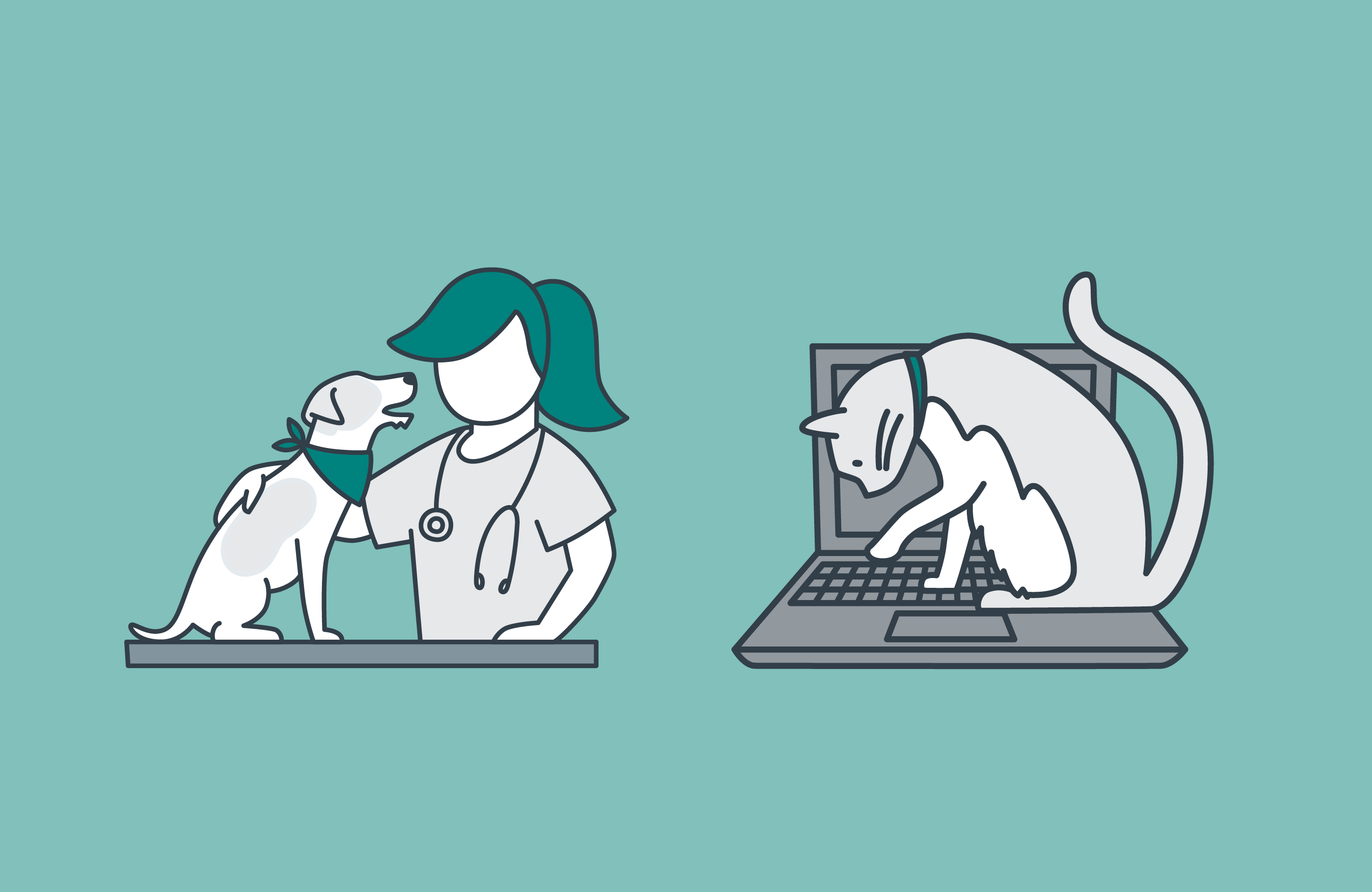 Illustration of vet with dog and cat on keyboard