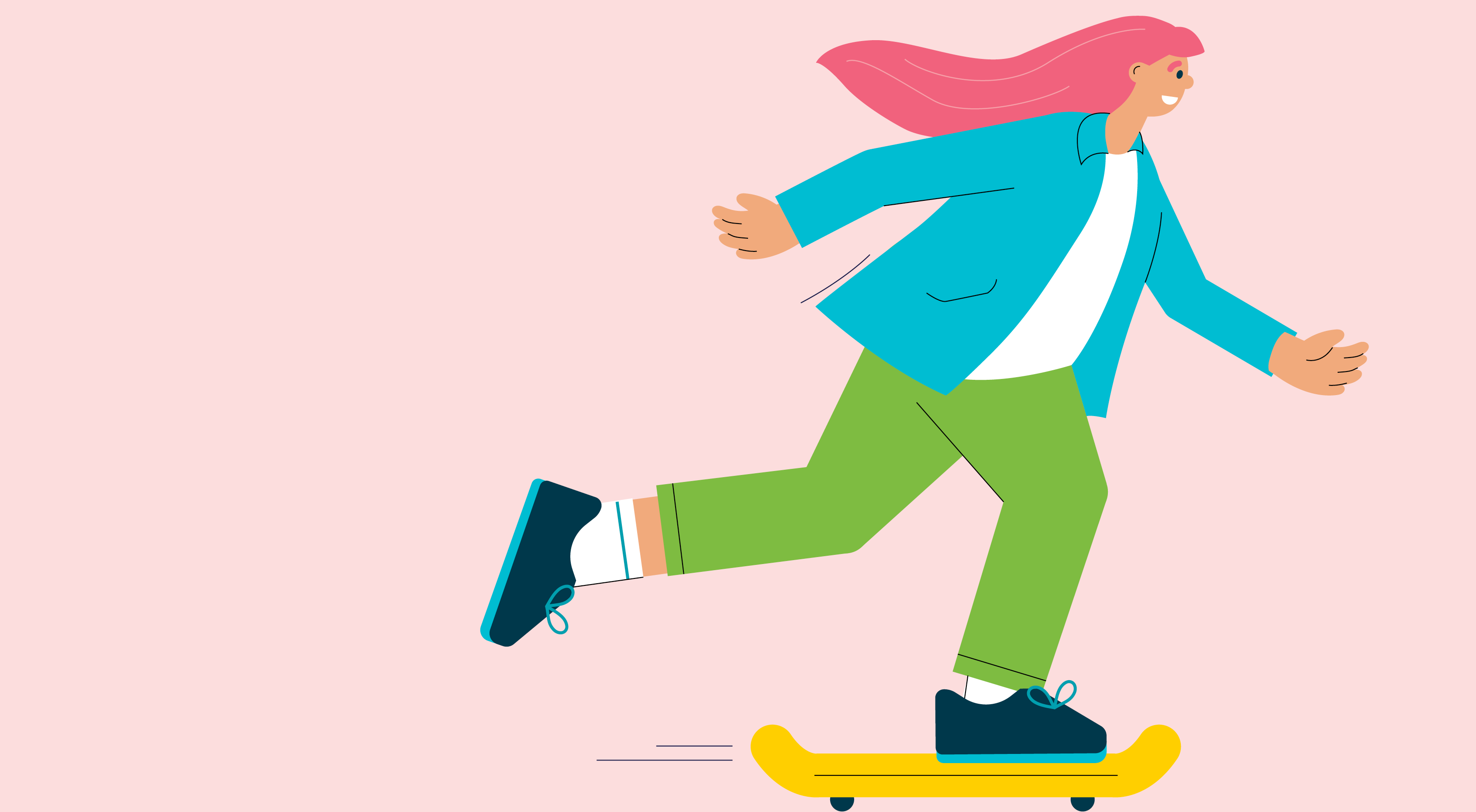 Illustration of woman with pink hair skateboarding