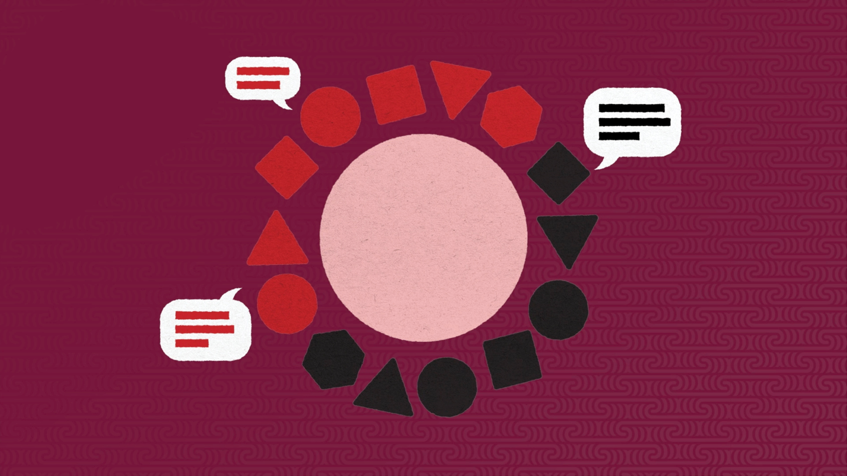 Still from the mandate process animation showing shapes representing different groups in red and black around centre circle table shape. With speech bubbles popping out from the shapes to signify conversations
