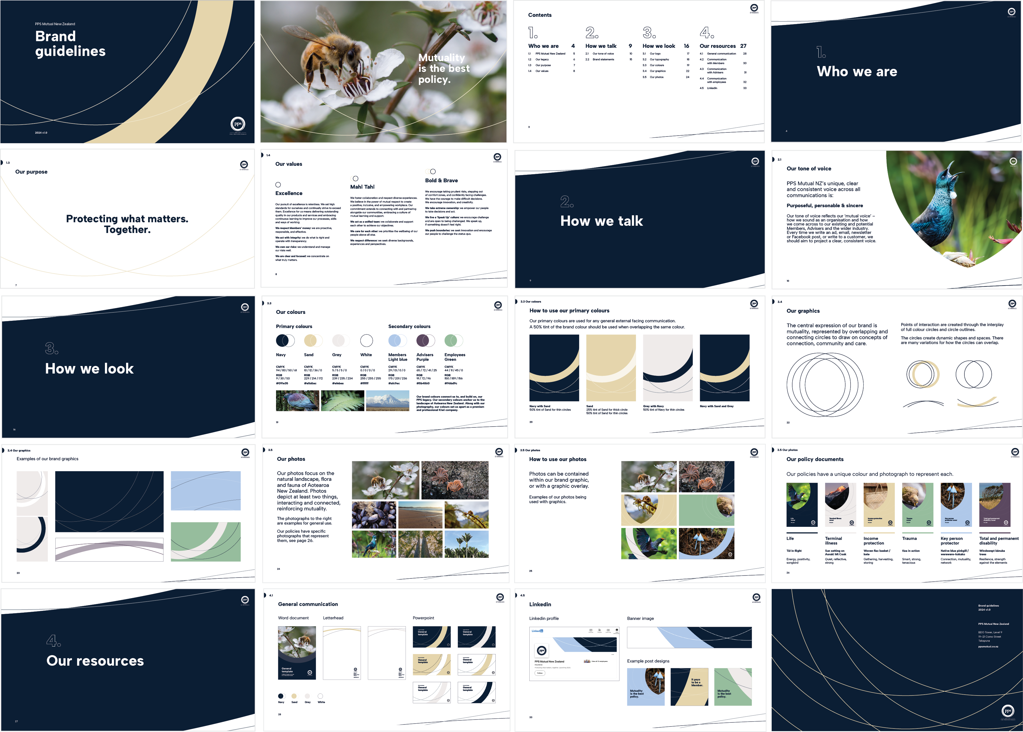 Pages from the PPSM brand guidelines arranged in rows to see the varied collateral and guidance included.