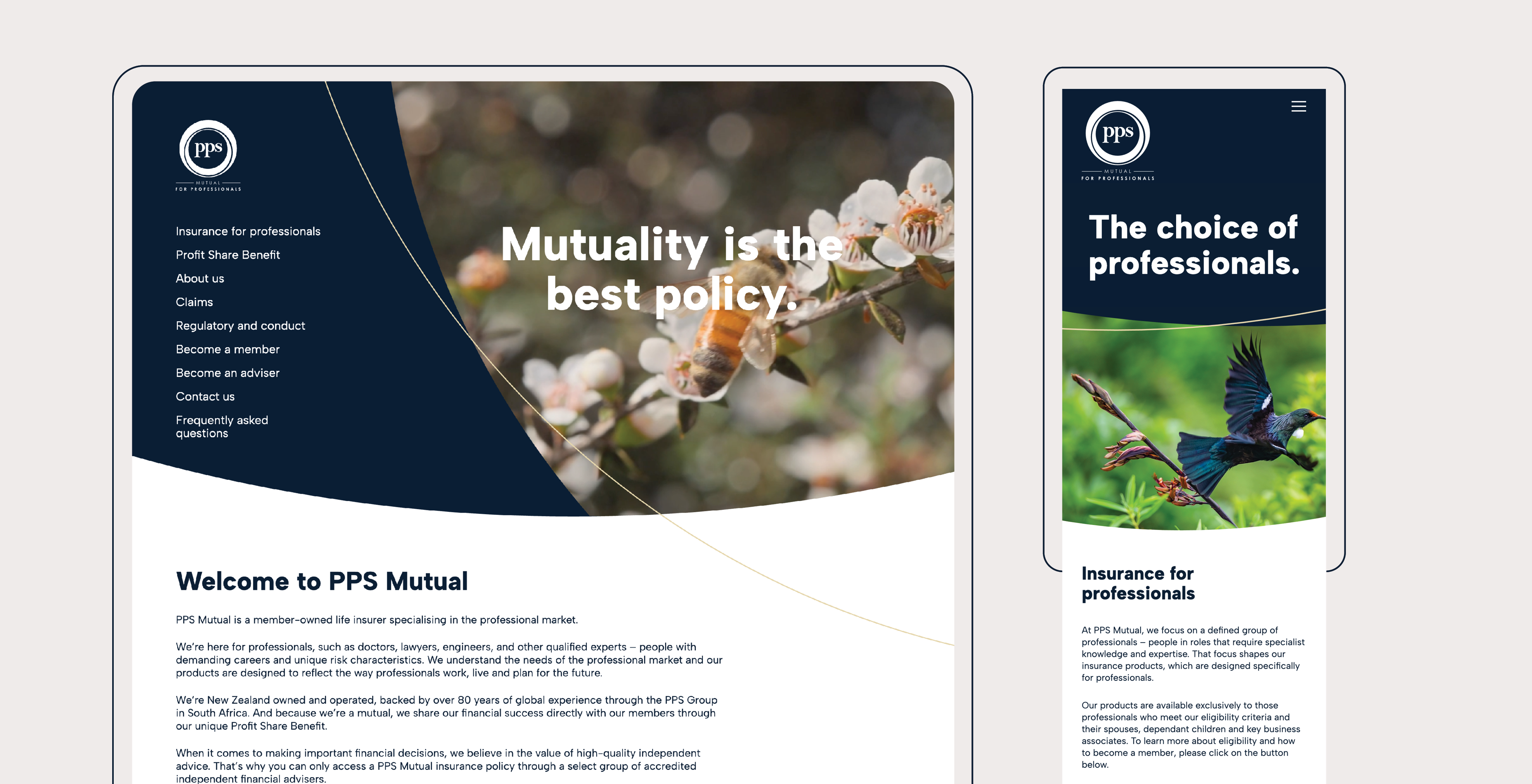 PPS website pages using brand photos of bee and tui.