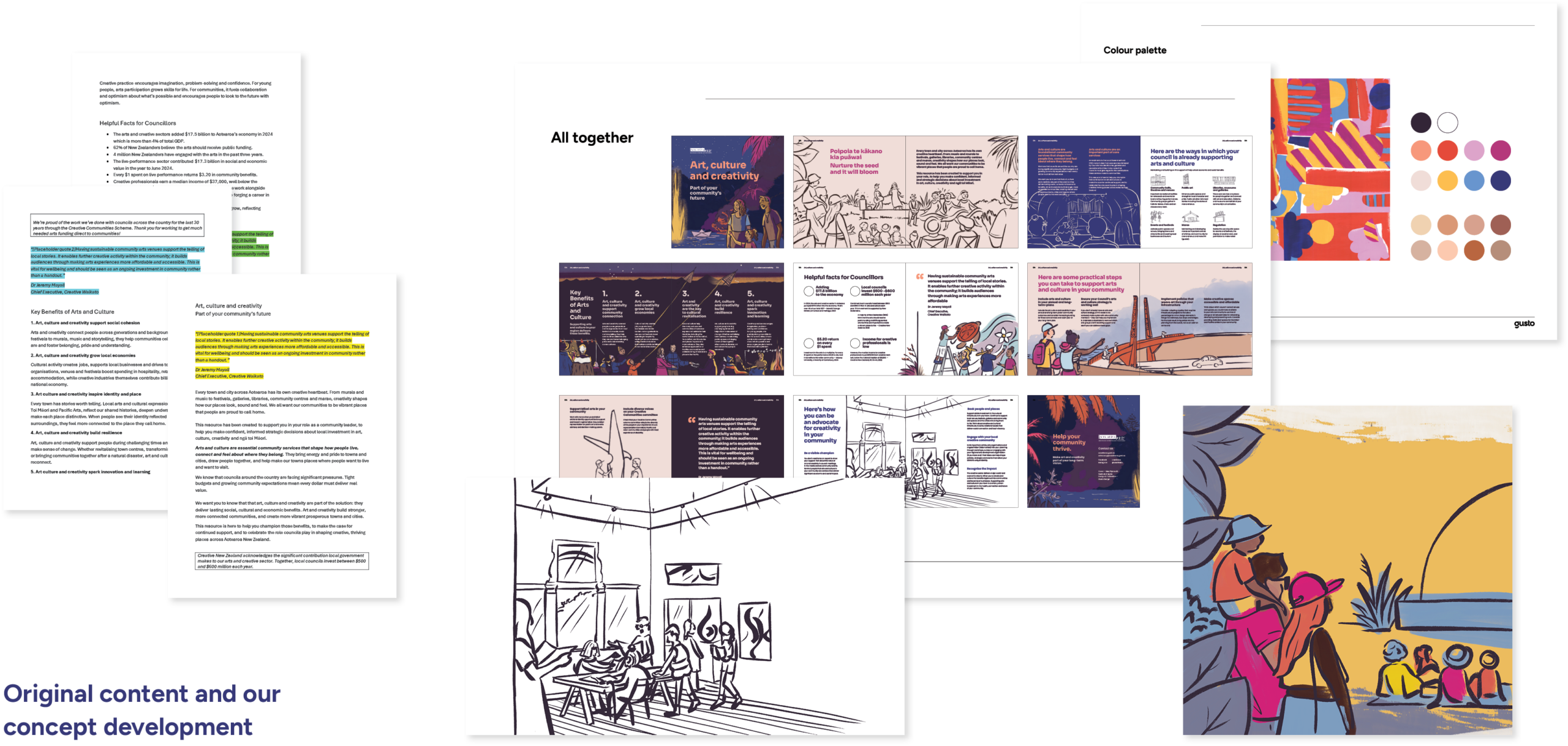 Images showing original content and concept development process for Arts, culture and creativity: part of your community’s future booklet for Creative New Zealand