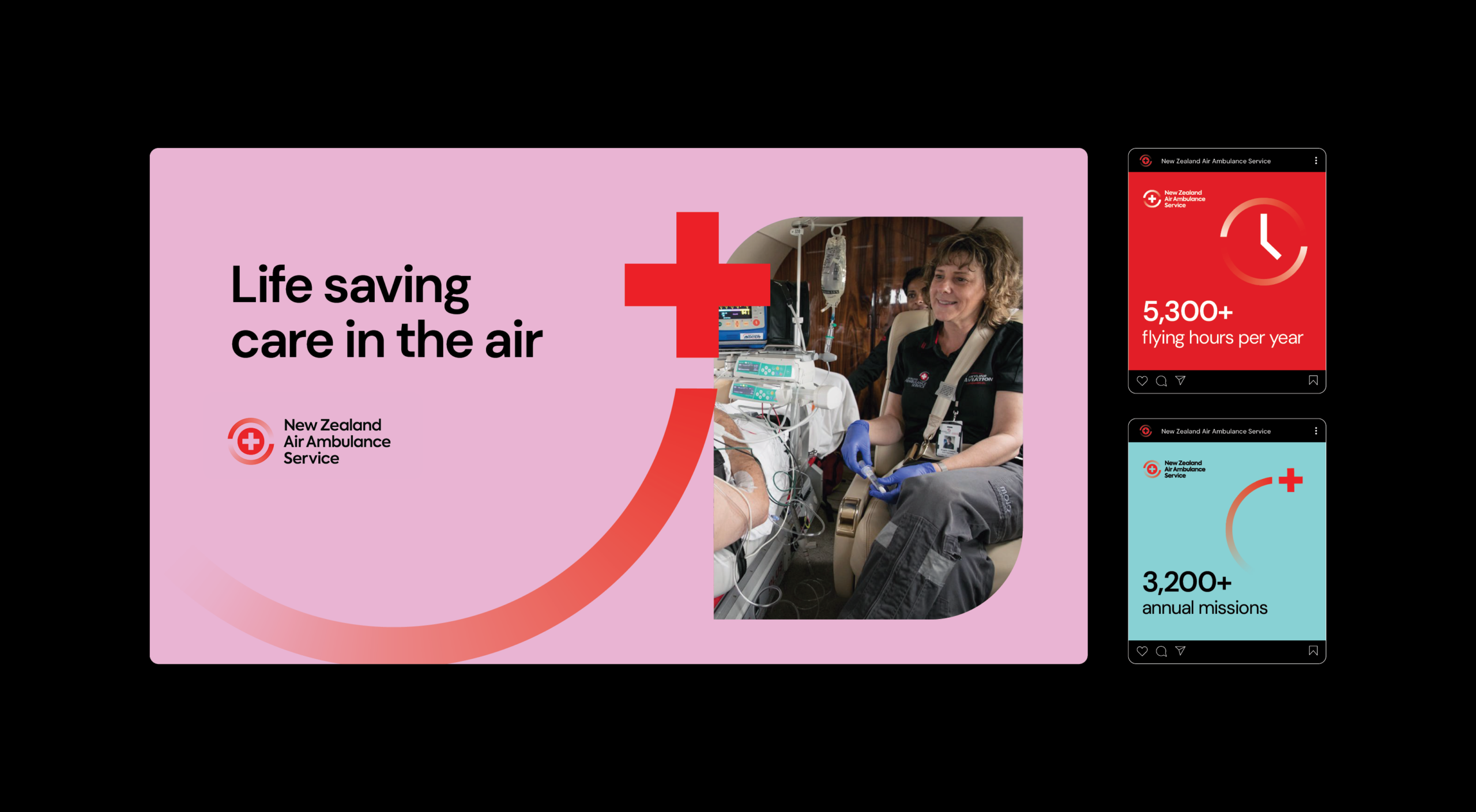 Brand assets showing the tagline 'Life saving care in the air' and a photo of a New Zealand Air Ambulance nurse providing care to a patient on an air ambulance.